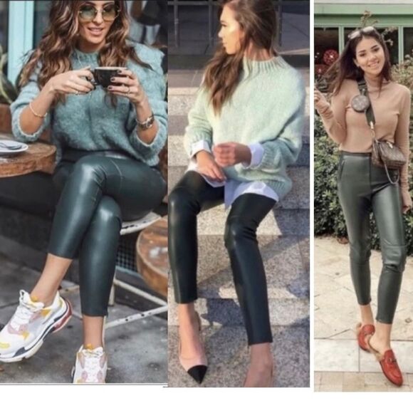 ZARA green faux leather hi-rise zipper hem leggings Sz XS NWT - Picture 4 of 15